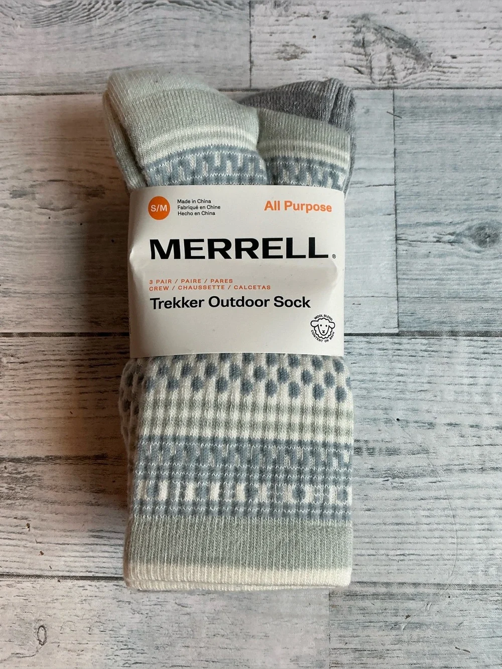 NWT Merrell 3Pk Women’s S/M Trekker Outdoor Crew Sock-Wool Blend